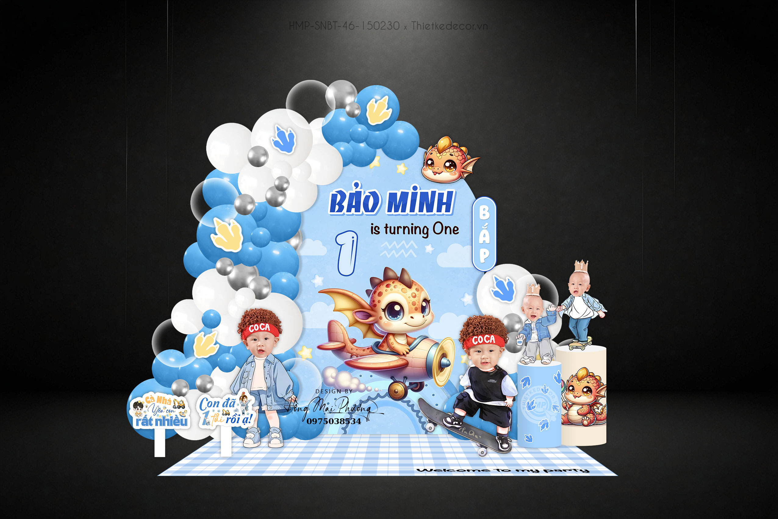 Sinh nhật bé trai tuổi rồng lái may bay tone xanh điểm vàng